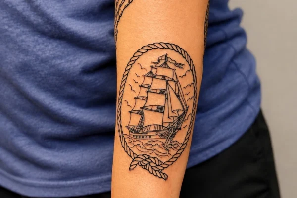 black-ink-sailing-ship-arm-tattoo-wicked-tattoos
